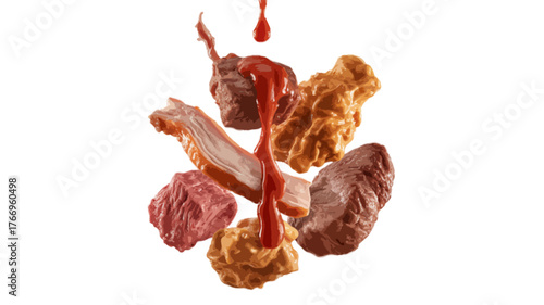  meat pieces splashing in ketchup sauce isolated on transparent background 