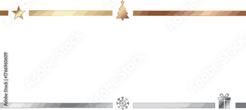 New Year vector frame with metallic gold and silver elements, including stars and gifts, on a white background, featuring a festive and celebratory mood with a cinematic lighting effect.