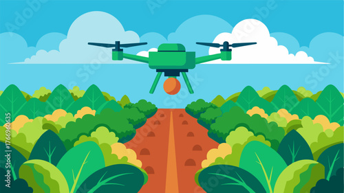 A drone equipped with specialized tools hovers over fields of lettuce carefully t and harvesting the crop without any human intervention.. Vector illustration
