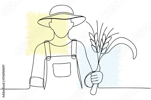 Continuous Line Drawing of Farmer with Wheat and Sickle Representing Agriculture and Harvest Time with Minimalist Style and Soft Colors for Design Projects