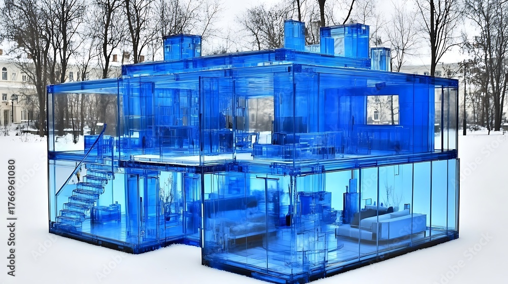Fototapeta premium Blue transparent house sculpture in snow winter landscape high resolution photo