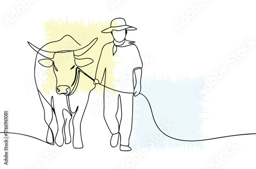 Minimalist line art illustration of a farmer leading an ox with a hat on white background depicting rural life and agricultural practices in a simple design