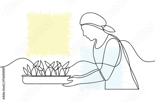 Minimalist line art of a woman tending to plants in a pot with gentle colors in the background promoting organic and healthy living concepts