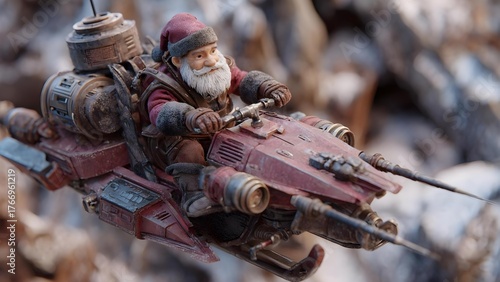 Bearded elderly gnome in red winter clothes pilots a weathered red sci‑fi speeder bike with twin cannons through a rocky landscape. Concept Bearded gnome pilot, Red sci-fi speeder bike, Twin cannons