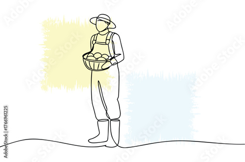 Minimalist vector line drawing of farmer carrying a basket of fresh harvest with sun hat in agriculture field representing rural living and agricultural lifestyle