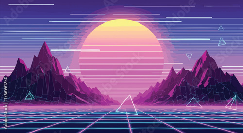 A vibrant 80s neon future landscape with a grid foreground, triangular shapes, and a large sun setting behind purple mountains with a futuristic feel.