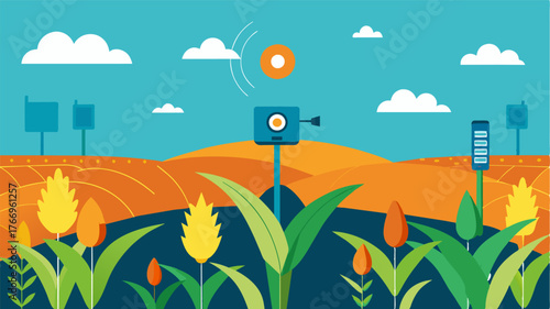 A network of smart sensors p throughout a cornfield collects data on soil moisture temperature and nutrient levels providing valuable insights on crop quality.. Vector illustration
