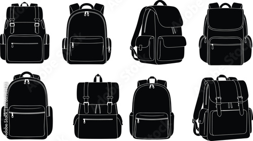 Backpack silhouettes, flap closure, zipper pocket, buckle detail, school bag, outdoor gear, black icons, travel accessory layout