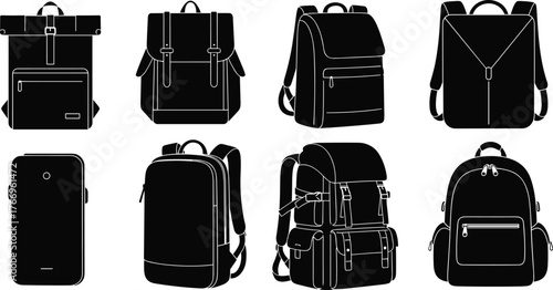 Backpack silhouettes, roll-top, school bag, hiking gear, smartphone icon, flap closure, buckle detail, black travel accessory layout