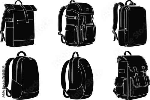 Backpack silhouettes, hiking pack, vintage flap bag, sporty gear, zipper closure, buckle detail, black icons, travel accessory layout