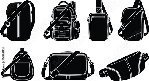 Bag silhouettes, backpack, sling, crossbody, messenger, waist pouch, tactical gear, zipper pocket, black icons, fashion accessory layout