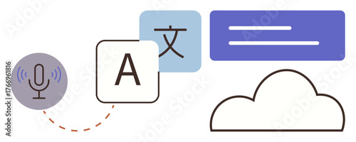 Microphone, language characters, text bars, and cloud icon representing audio translation and cloud technology. Ideal for communication, AI, learning, accessibility, technology global outreach