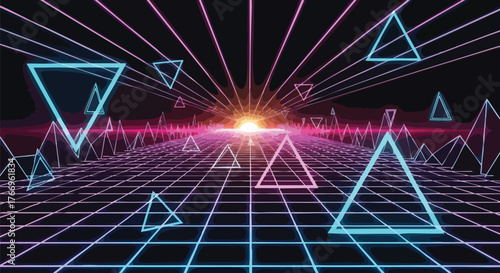 Vibrant 80s neon future scene with glowing triangles and grid lines radiating from a central light source against a dark background.