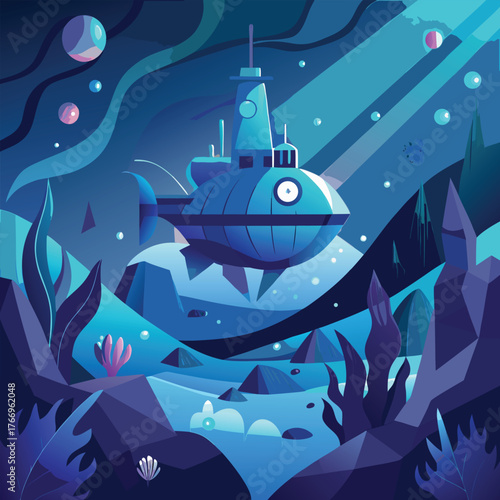 Futuristic Submarine Exploring Deep Sea Trench underwater