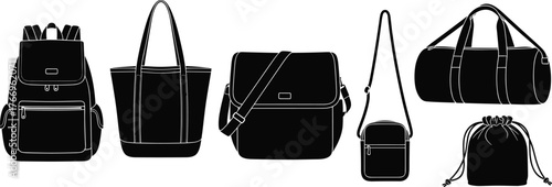 Bag silhouettes, backpack, tote, messenger, crossbody, duffel, drawstring pouch, zipper pocket, flap closure, black icons, travel gear layout
