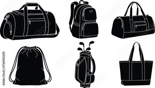 Bag silhouettes, duffel, backpack, drawstring pouch, golf bag, tote, zipper pocket, shoulder strap, black icons, travel and sport gear