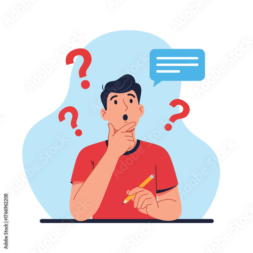 Young man in red shirt thinking with a pencil and question marks