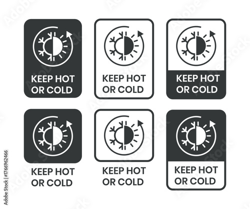 Keep Hot or cold icon set on white background. Snowflake and fire icons. Keep Hot or cold logo, label, badge, sticker, symbol, stamp, banner, circle, black, line, flat vector, isolated illustration.