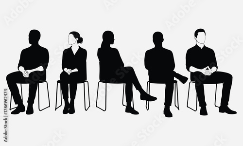 Set of black vector silhouettes showing a diverse group of men and women sitting on simple chairs in a row