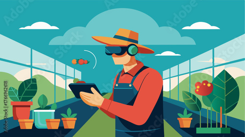 A farmer using a virtual reality headset to navigate through a simulated greenhouse and make informed decisions based on AIgenerated yield forecasts.. Vector illustration
