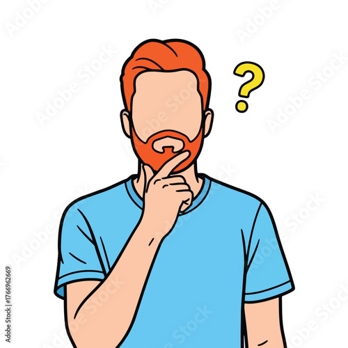 Man with beard thinking with a question mark, isolated on white background