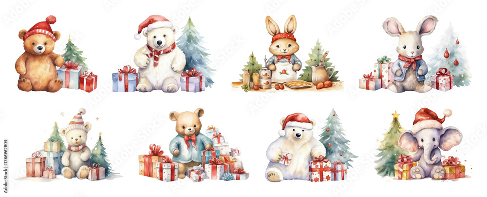 Fototapeta premium PNG Adorable festive animal illustrations, element set on transparent background