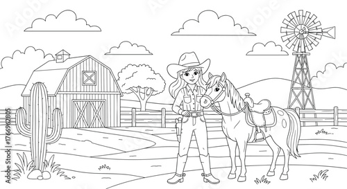A whimsical coloring page depicts a cowgirl with her horse in a countryside scene, complete with a barn, cactus, and windmill.