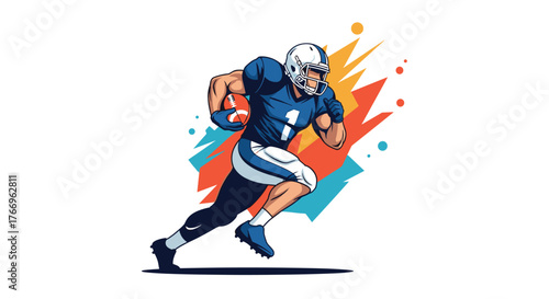 Energetic illustration of an American football player running with the ball against a dynamic background, showcasing speed and action.