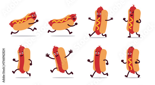 Playful cartoon animation of hot dogs in various running poses on a white background, perfect for food-related projects and fun designs.