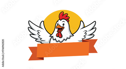 Cartoon chicken with open wings and a banner in front of a yellow circle on a white background.