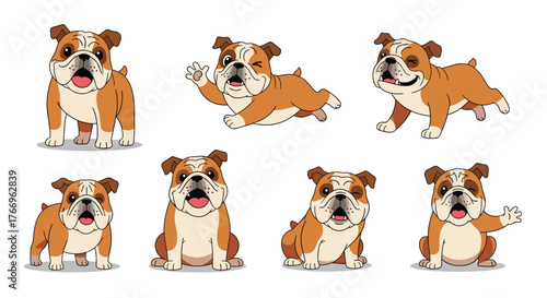 Collection of cartoon bulldog illustrations in various playful poses and expressions.
