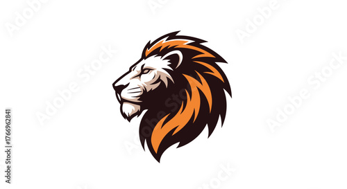 Stylized illustration of a fierce lion head in profile with an orange mane, on a white background.