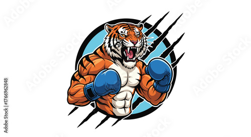 An anthropomorphic tiger wearing boxing gloves and a determined expression, depicted in a dynamic illustration style.