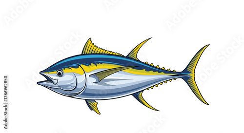 Strikingly detailed illustration of a vibrant yellowfin tuna, showcasing its streamlined body and distinctive coloration, isolated on a white background.