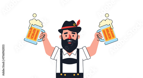 A cheerful Bavarian man wearing traditional Tracht clothing raises two frothy beer steins in celebration of Oktoberfest.