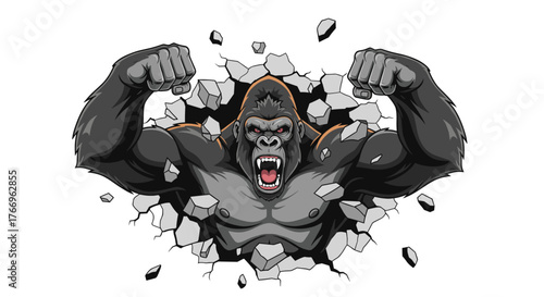 A powerful and aggressive gorilla with flexed biceps bursts through a broken wall, portraying strength, anger, and wild power.