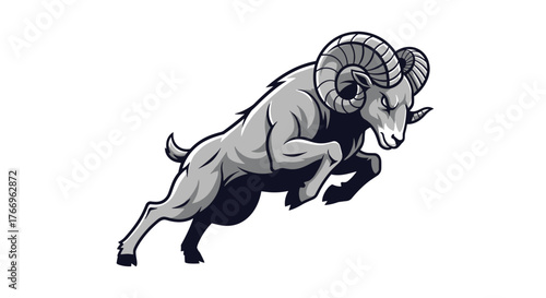 Dynamic gray ram in a jumping pose, isolated on a white background for a logo or emblem design, ready to charge forward with strength and agility to represent power and determination.