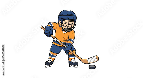 A happy cartoon child dressed in hockey gear, holding a stick, and ready to play ice hockey with a puck.