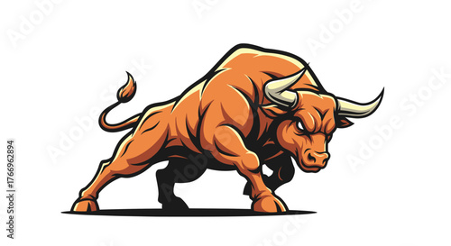 A stylized, orange illustration depicts a muscular bull, posed aggressively with horns out, embodying strength and determination.
