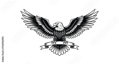 A majestic bald eagle with powerful, outstretched wings gripping a blank banner, presented in a classic black and white illustrative design.