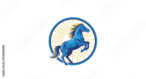 A blue horse in a circle with golden rays, evoking power, nobility, and a spirited animal theme in a stylized crest design.