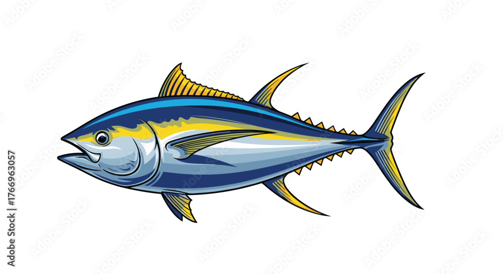 Fototapeta premium Vibrant illustration of a tuna fish, a marine creature, displayed against a clean white background, showcasing its impressive size and detailed anatomy in bright colors.