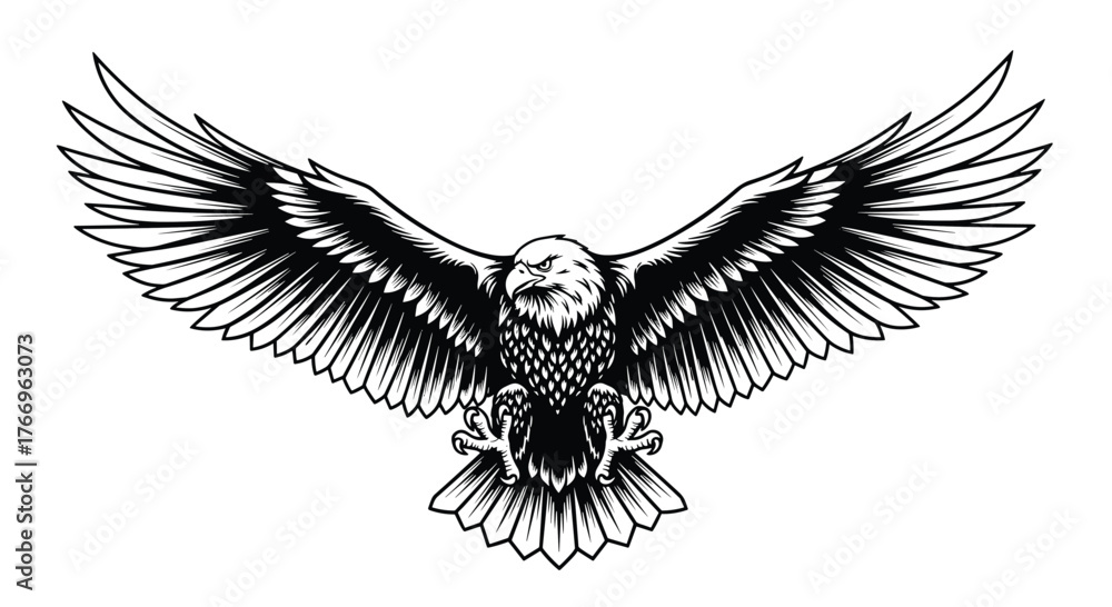Fototapeta premium A striking monochrome illustration of an eagle soaring with its wings fully extended, capturing the essence of freedom and power.