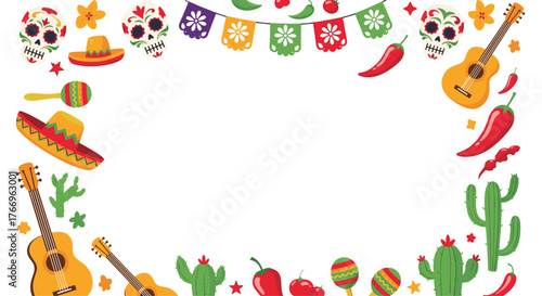 Festive border frame adorned with traditional Mexican cultural symbols like sugar skulls, sombreros, guitars, and chili peppers, on a white background.