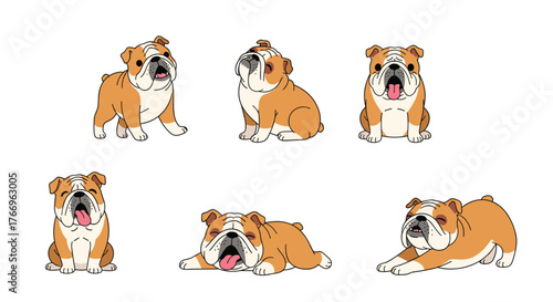 Set of six cartoon bulldog illustrations in various poses on a white background, perfect for design needs.