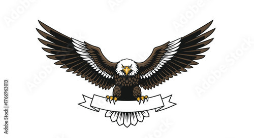 Majestic bald eagle with outstretched wings perched above a decorative banner, a symbol of freedom and strength, isolated on a white background, perfect for patriotic designs and national emblems.