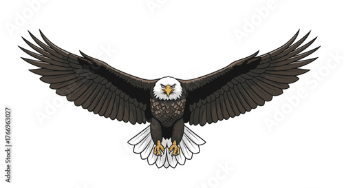 Frontal view of a fierce bald eagle in mid-flight, wings fully extended and talons ready to grasp its prey.