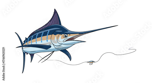 A cartoon marlin is jumping out of the water while trying to catch a fishing lure.