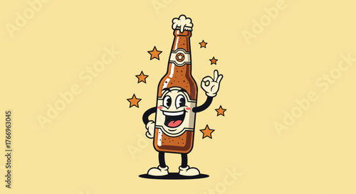 Vintage cartoon beer bottle character smiling and making an okay gesture, surrounded by stars on a light yellow background.