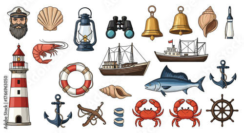 Nautical themed collection of maritime objects and sea creatures on a white background.